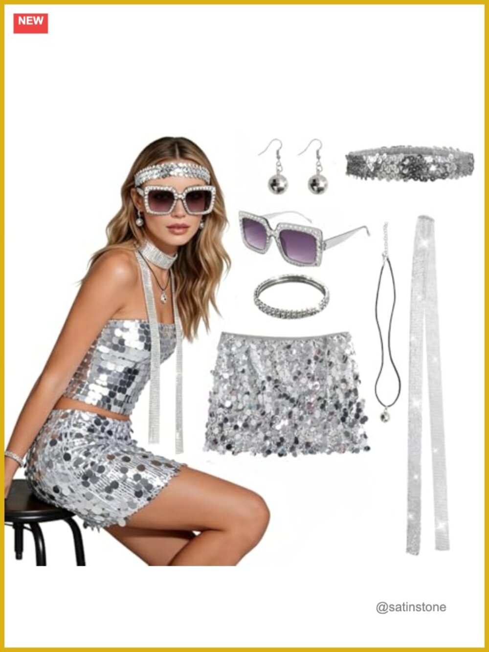 Women's 70s Disco Costume Set Sequin Mini Skirt Scarf Headband Jewelry 7Pc